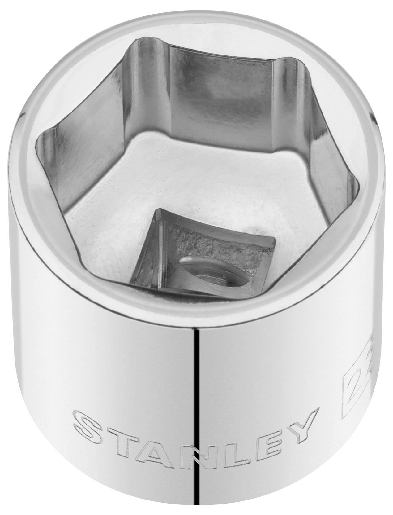 Metal spanner socket with hexagonal opening, polished finish and 'STANLEY' logo on the side.