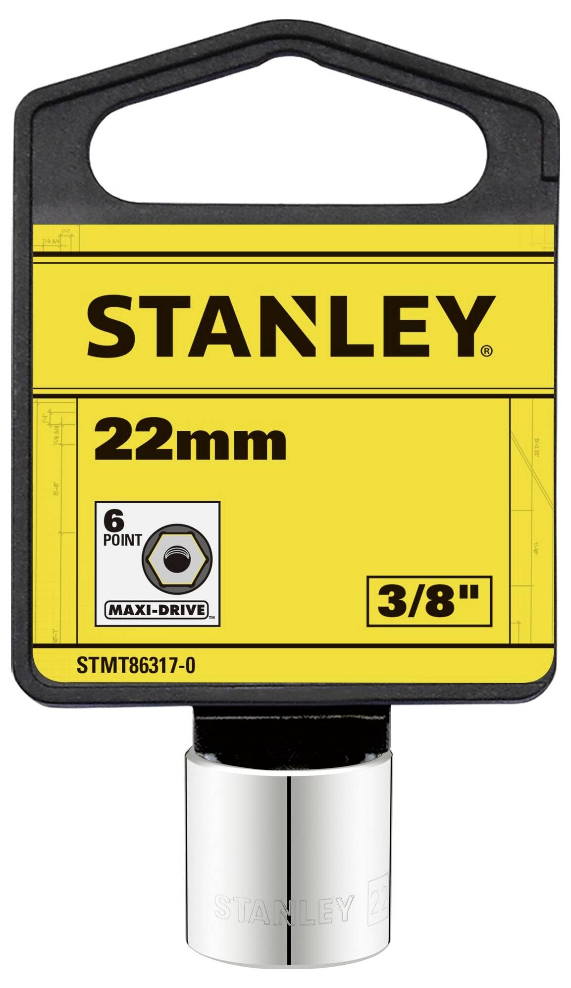 'STANLEY' Maxi-Drive Socket Wrench, Hexagonal, 22mm, 3/8 inch. Packaging in Black and Yellow.