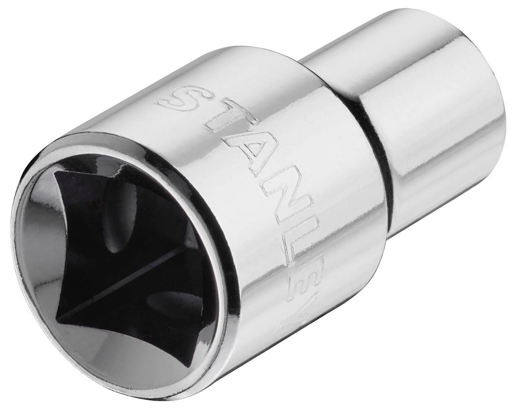 A silver castellated nut with an engraved brand name. It has four square teeth inside for tightening screws.