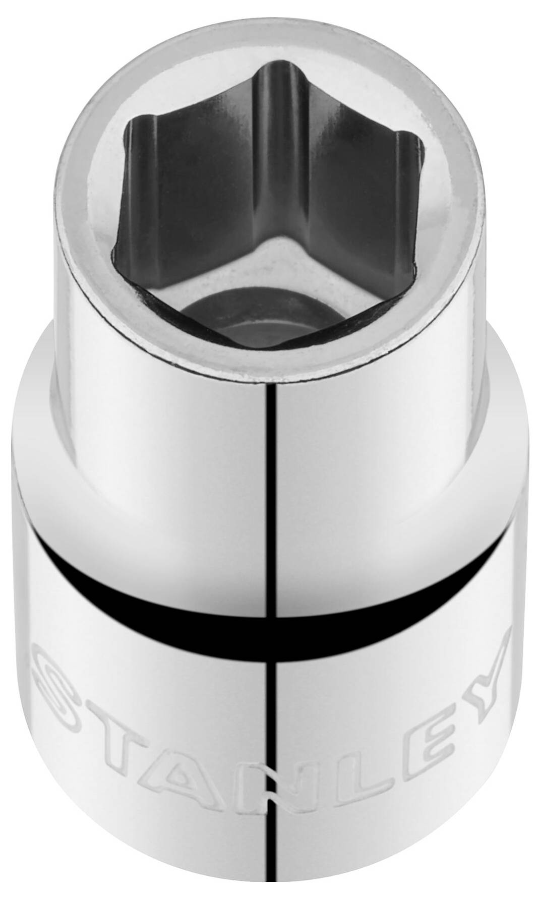 A chrome-plated socket wrench attachment with a hexagonal opening and an embossed 'STANLEY' inscription on the side.