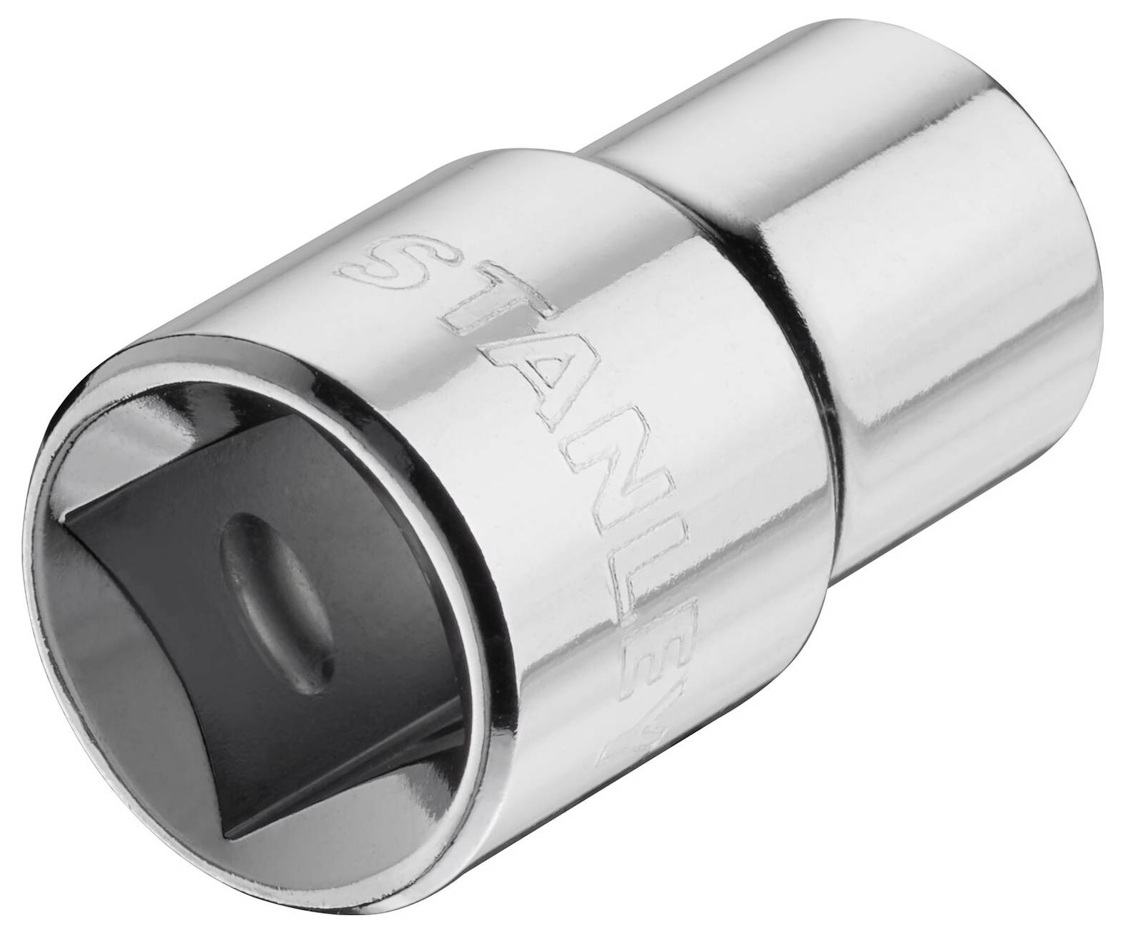 A silver socket insert, gleaming and manufactured from metal, with a square connection and engraved lettering.