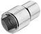 A silver socket insert, gleaming and manufactured from metal, with a square connection and engraved lettering.