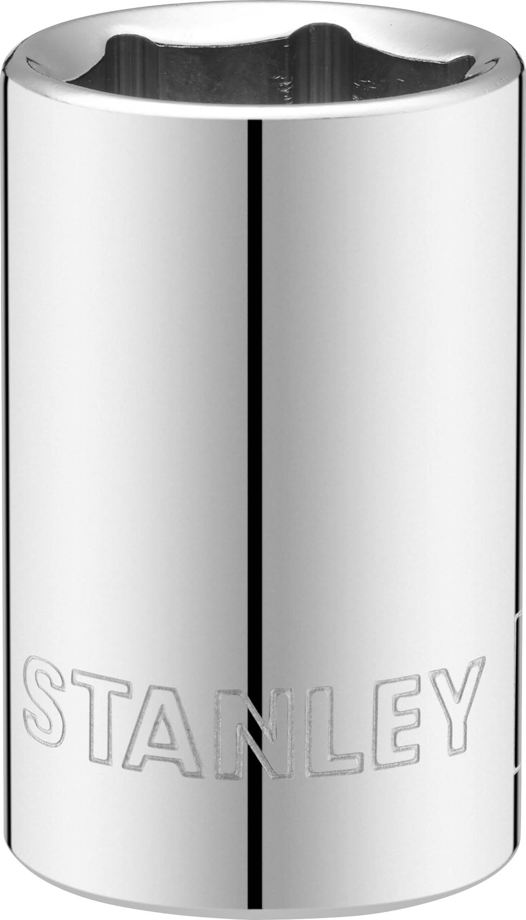 Silver socket extension with an engraved 'STANLEY' logo on the side. Tool designed for use with ratchets and spanners.