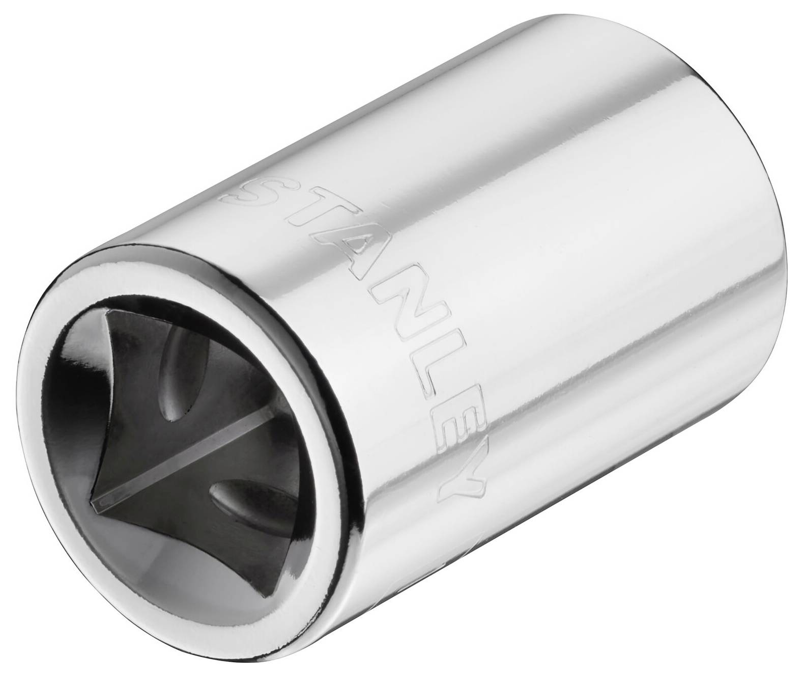 Chrome-plated socket insert with marked manufacturer's logo, for use with a ratchet to loosen or tighten screws.