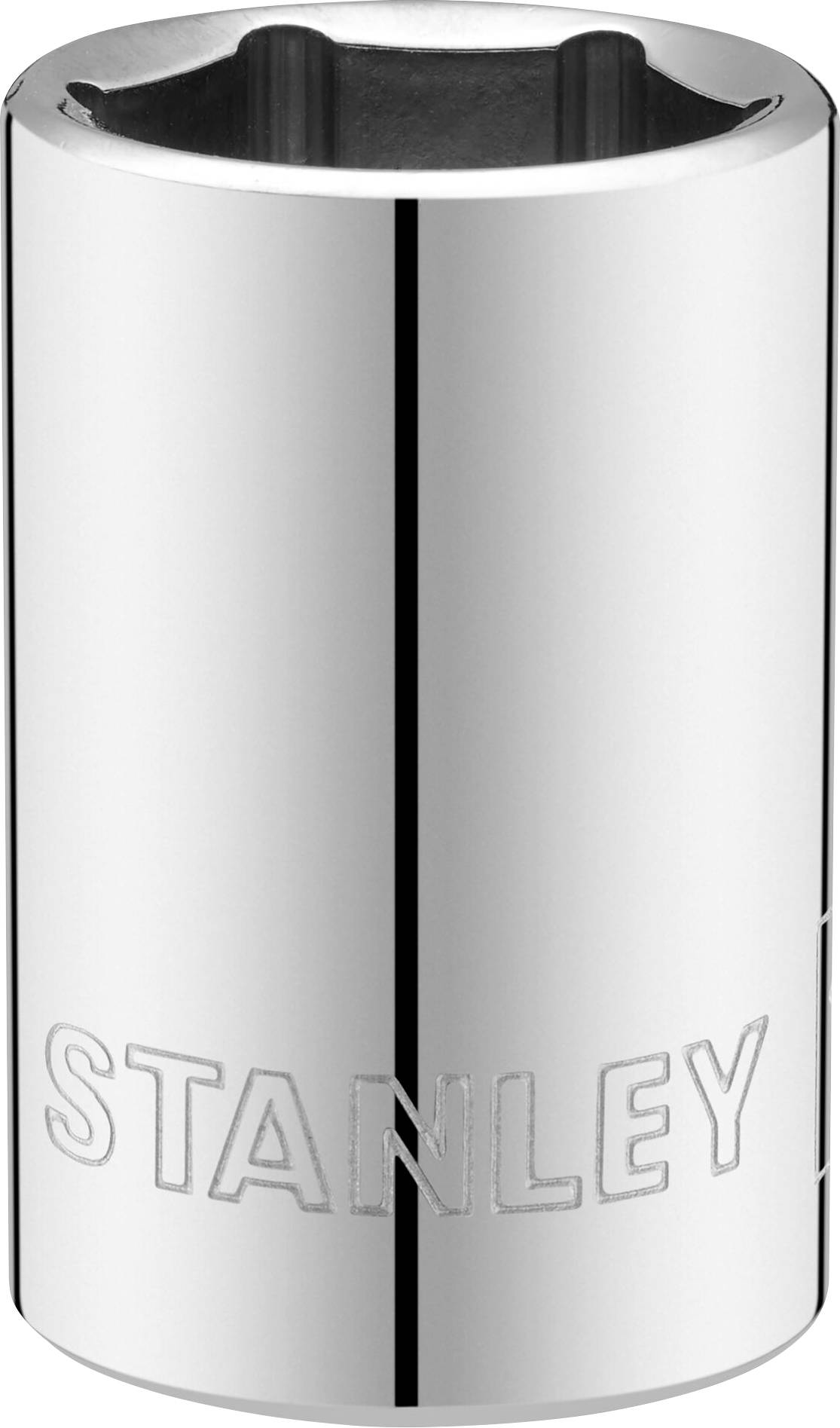 Chrome-plated socket with 'Stanley' inscription, cylindrical shape, suitable for spanners.