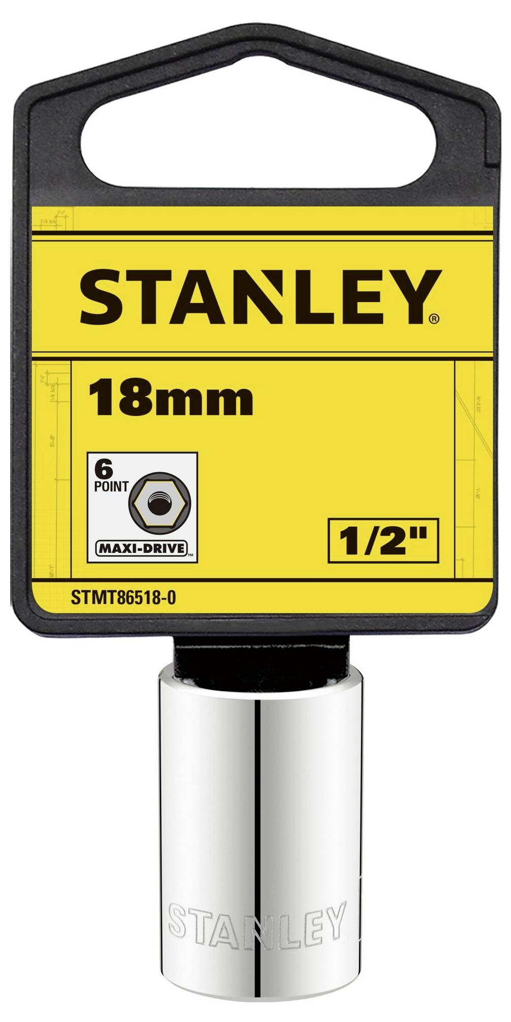 Chrome-plated Stanley socket with 18mm size, 6-point Maxi-Drive, suitable for 1/2 inch drive systems, attached to packaging.