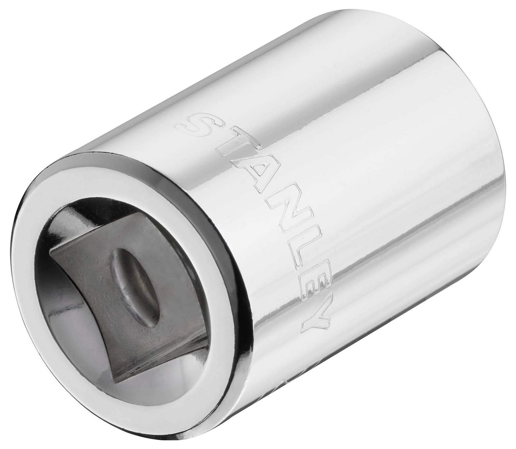 Metallic hexagonal socket with 'STANLEY' stamping, silver-coloured, for use with ratchet tools.