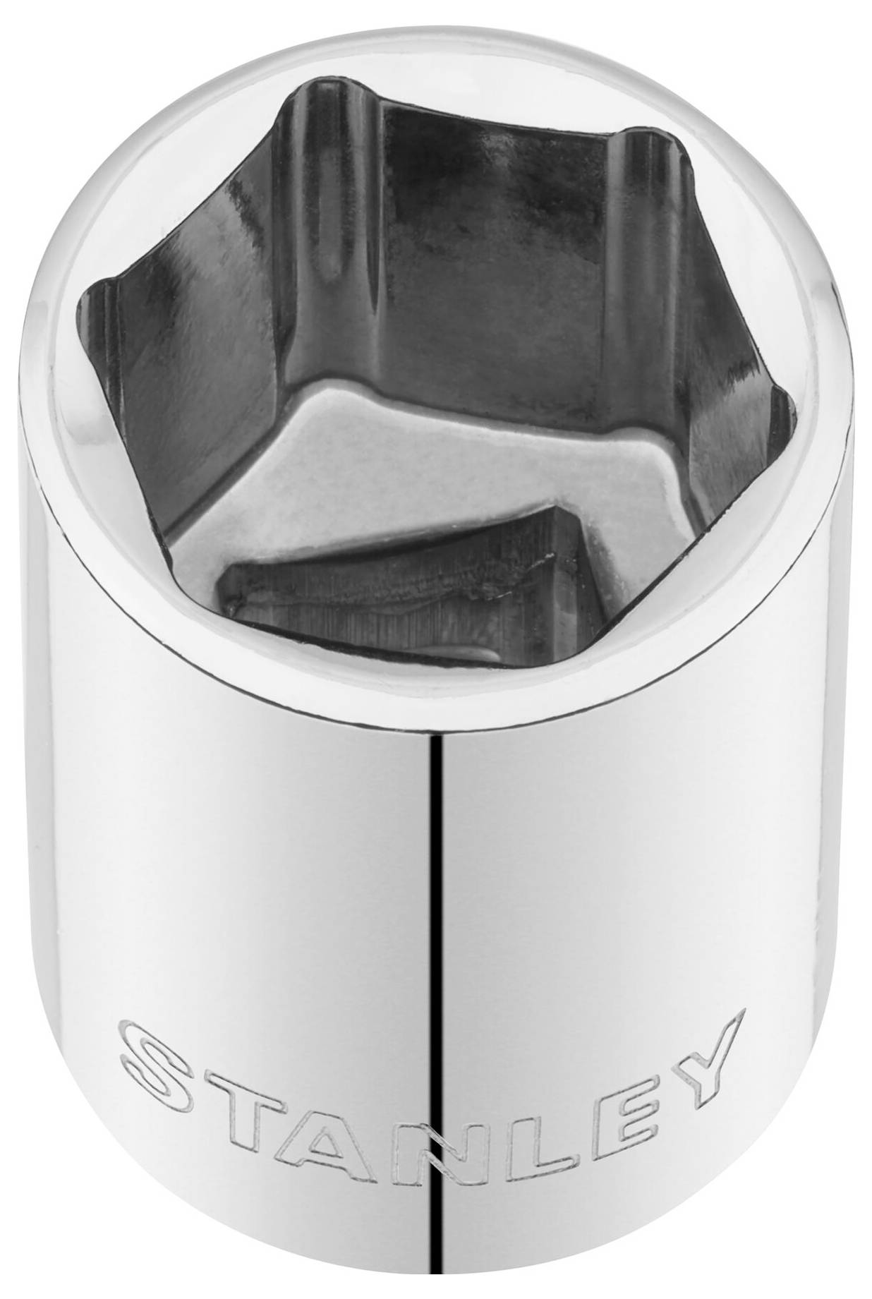 Chrome polished socket wrench with six-sided internal profile, 'STANLEY' engraving on the side. Suitable for craftwork or repair work.