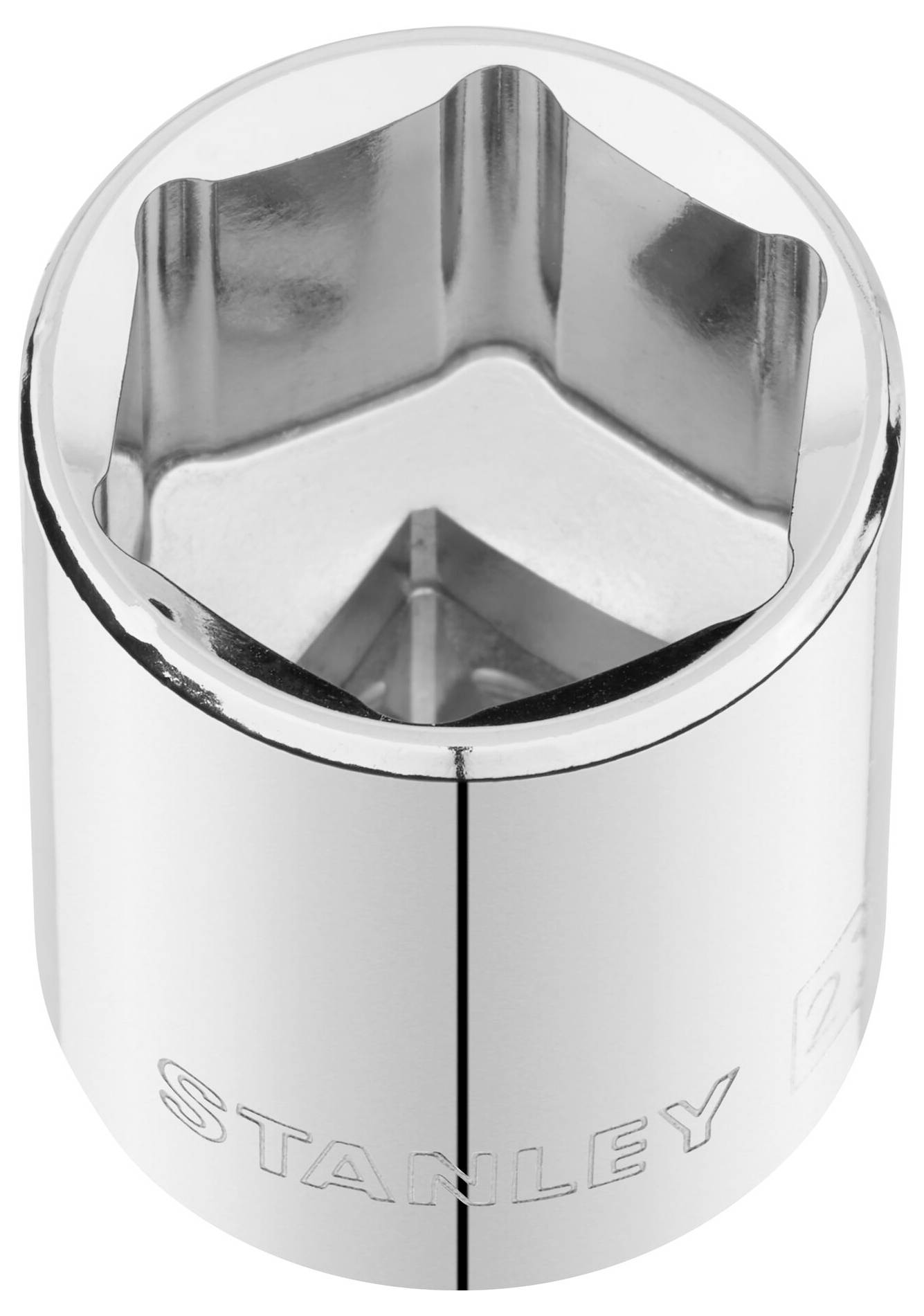 Metallic socket with hexagonal internal profile, polished surface; suitable for screw work with socket wrenches.