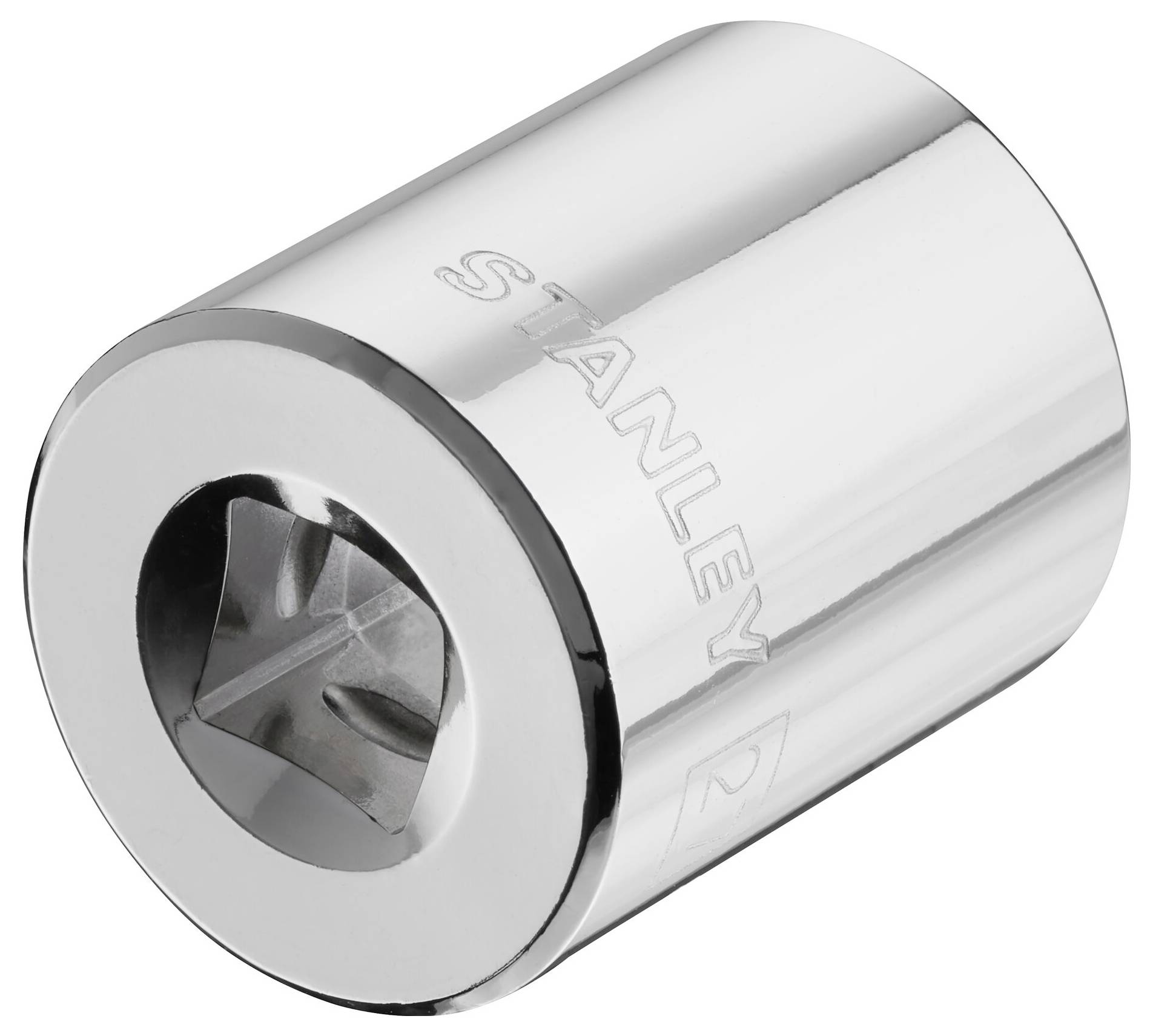 Chrome-plated socket with internal hexagon, engraved with 'Stanley' on the side, reflecting light on its smooth surface.