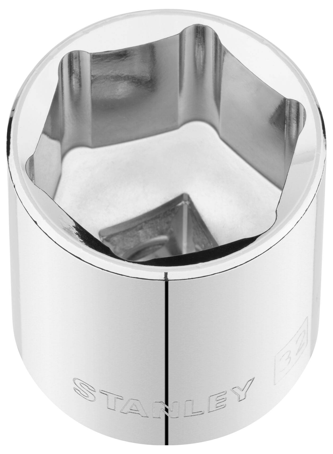 Silver-coloured socket with a hexagonal internal profile, suitable for spanners or ratchets.