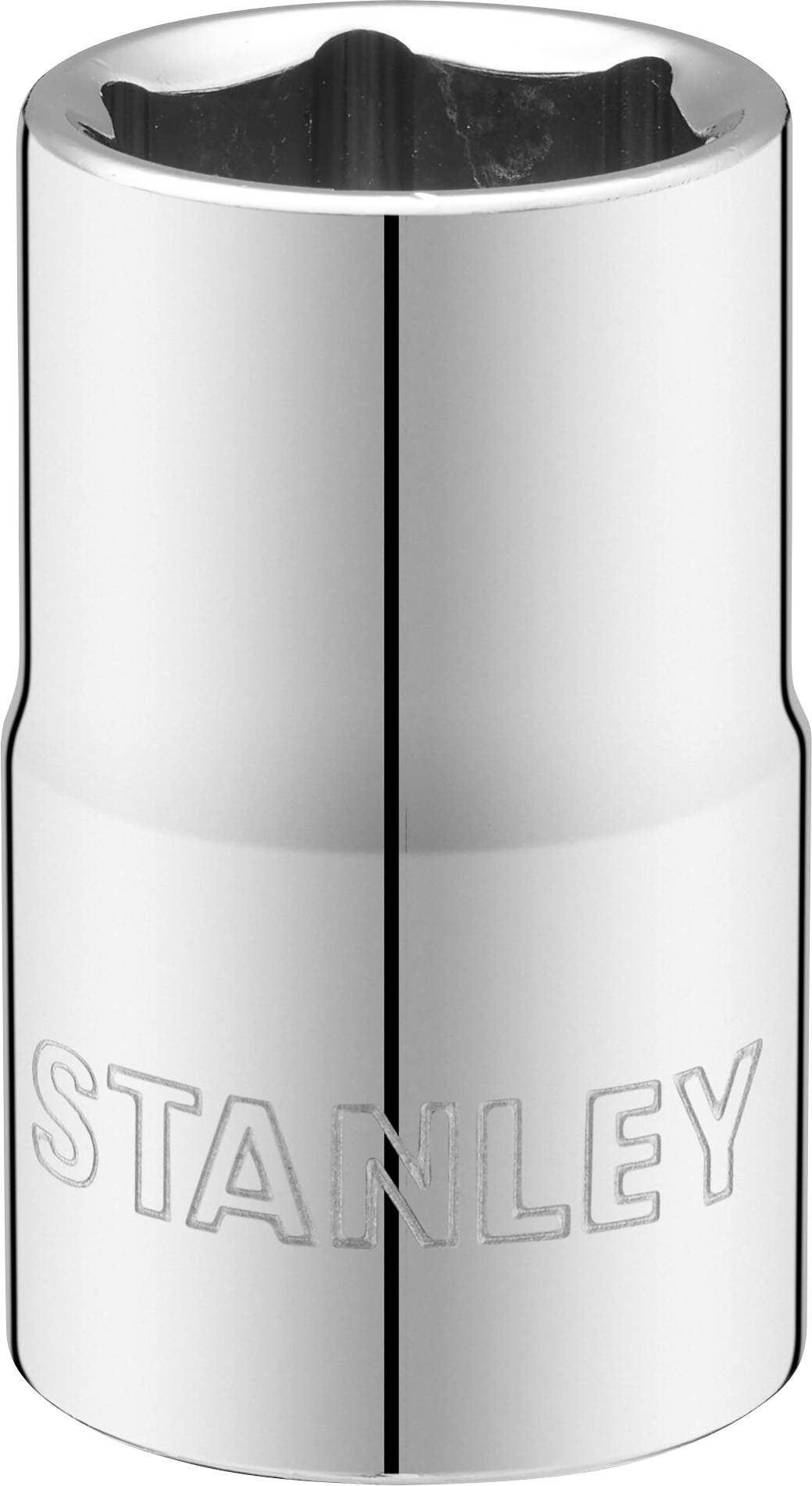 Chrome-plated socket with 'STANLEY' inscription, smooth surface, cylindrical shape.