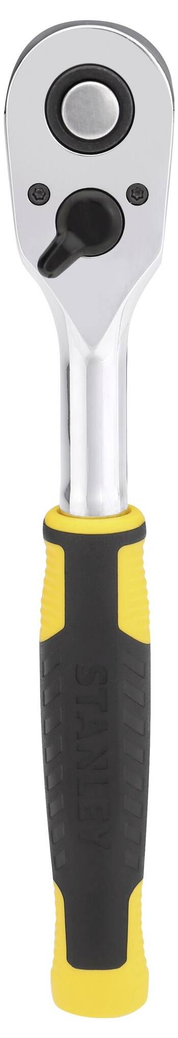 A ratchet with a yellow and black rubber grip, suitable for screw work.