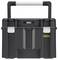 Black tool case with silver handle and metal clasps, 'Stanley Fatmax' brand, suitable for securely storing tools.