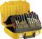 Yellow tool case with an open lid, various screwdrivers and pliers visible inside, neatly arranged.