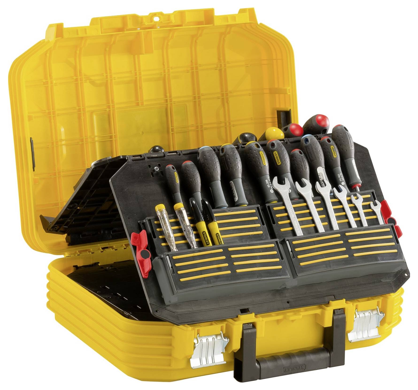 A yellow toolbox containing various screwdrivers, standing upright and opened for viewing.