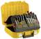 A yellow toolbox containing various screwdrivers, standing upright and opened for viewing.