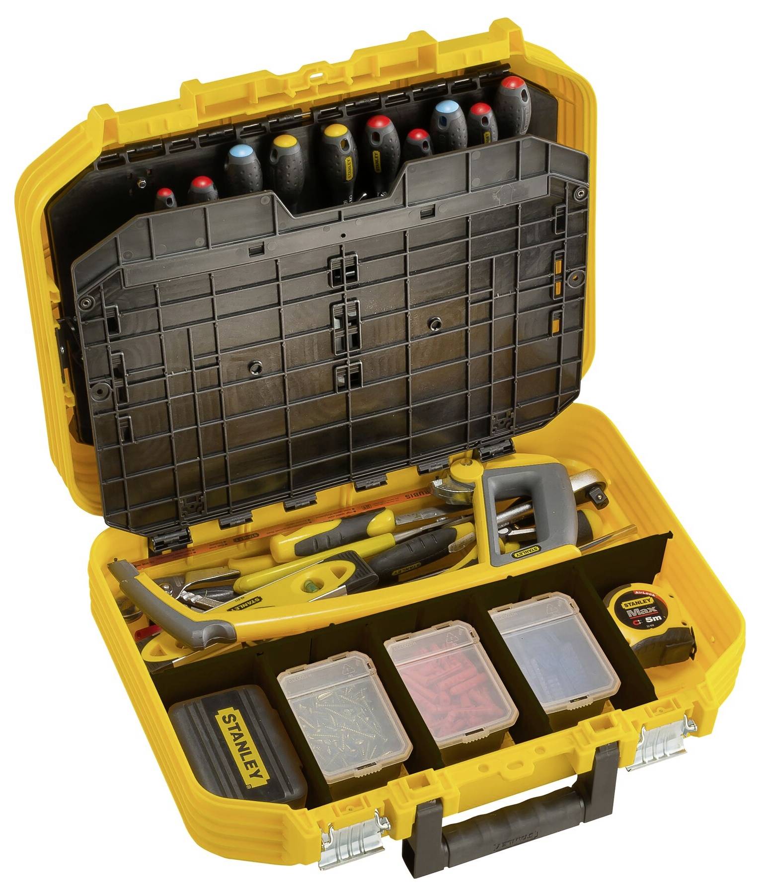 An open yellow toolbox with various tools such as screwdrivers, a hammer, a saw, screws, and a tape measure.