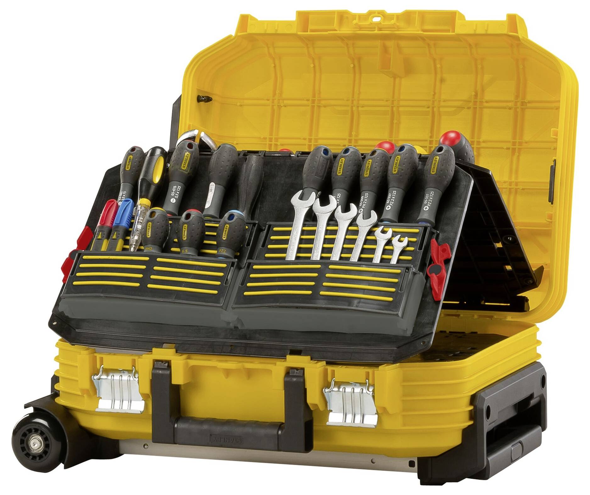 Yellow tool case with open lid, displaying screwdrivers, spanners, and pliers. Ideal for mobile use.