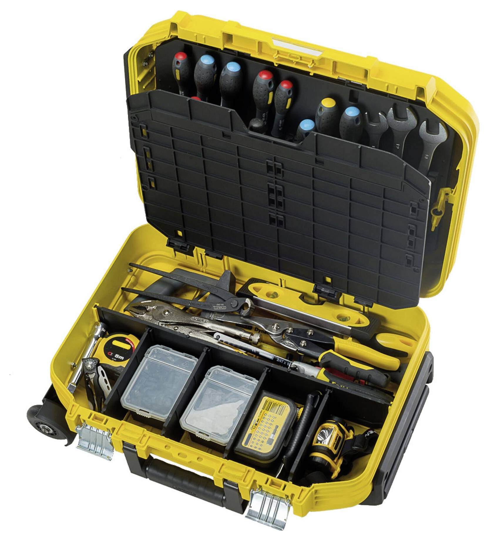 A yellow tool case with an open lid, filled with various hand tools such as screwdrivers, pliers, and a tape measure.