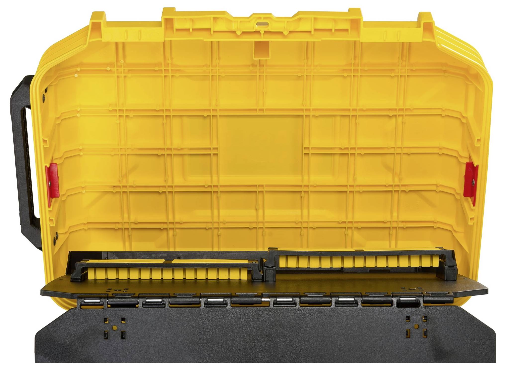 A yellow toolbox with an open lid and a black handle on the right. Inside, there are multiple slots for tools.