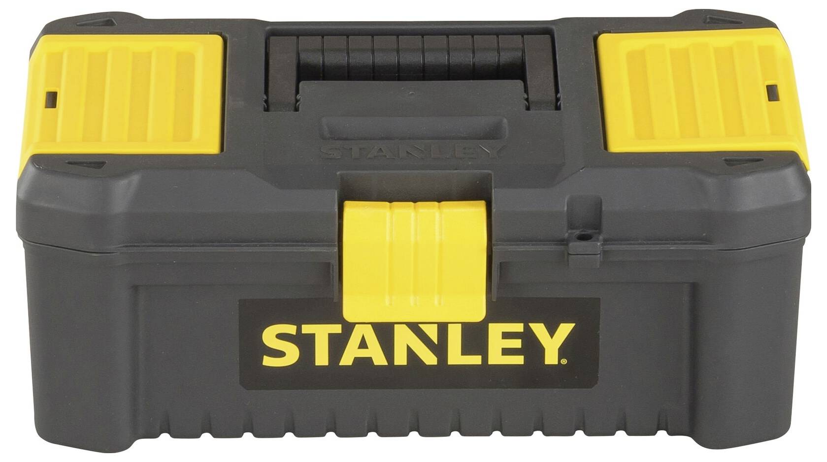 Grey and yellow toolbox with handle and clasp, front view. The word 'STANLEY' is printed on it.