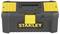 Grey and yellow toolbox with handle and clasp, front view. The word 'STANLEY' is printed on it.