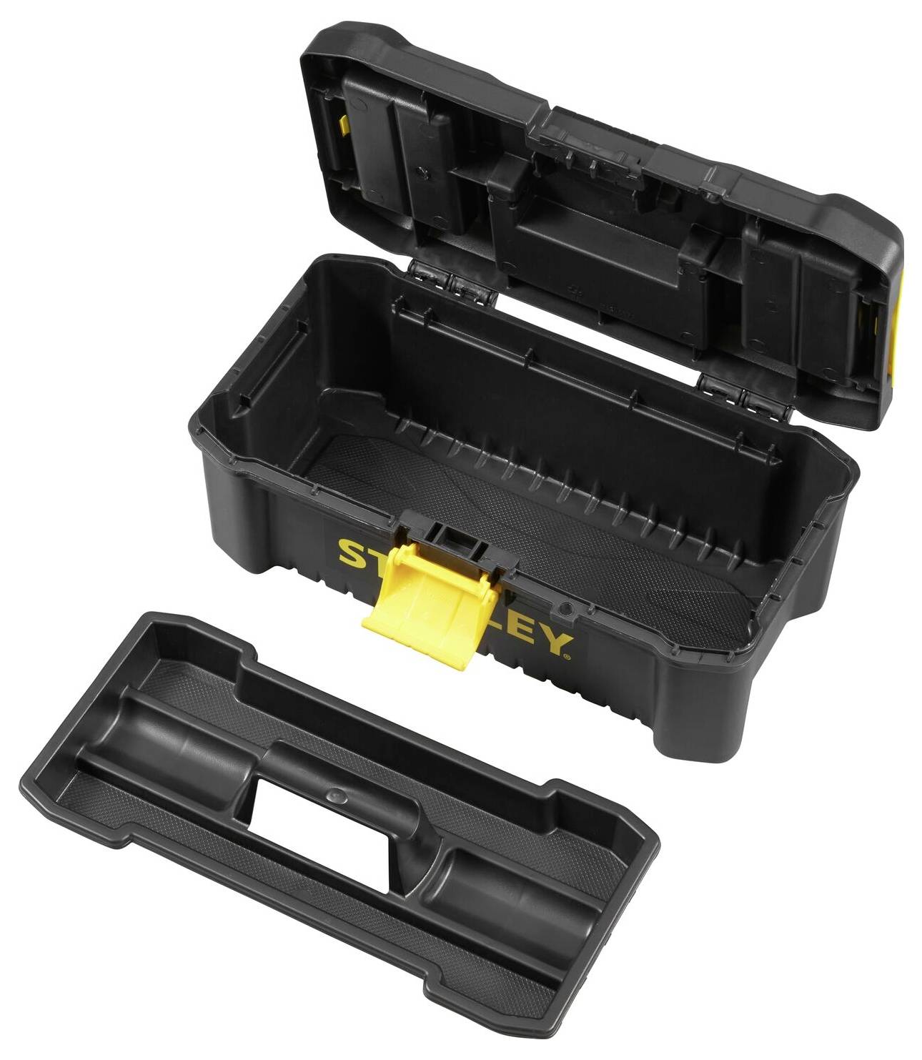 Black toolbox with yellow fastening, open. The insert is placed beside it, showing the storage space for tools and accessories.