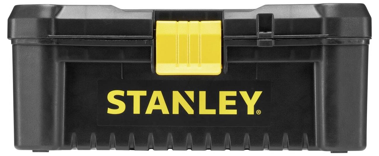 Black toolbox with a yellow lid, marked with 'Stanley' in yellow lettering on the front.