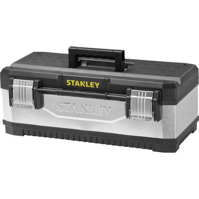Metal and plastic toolbox with handle and two silver locks. 'STANLEY' in yellow and engraved.