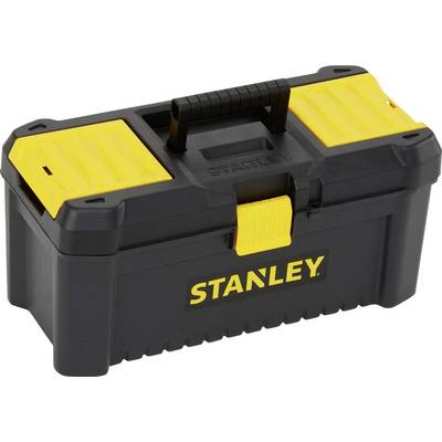 Black toolbox with yellow lid and handle. The brand name is displayed on the front. Ideal for tool storage.