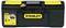 Black toolbox with a yellow lid, 'Stanley' brand. An image on the left demonstrates handle function, with text indicating one-handed operation.