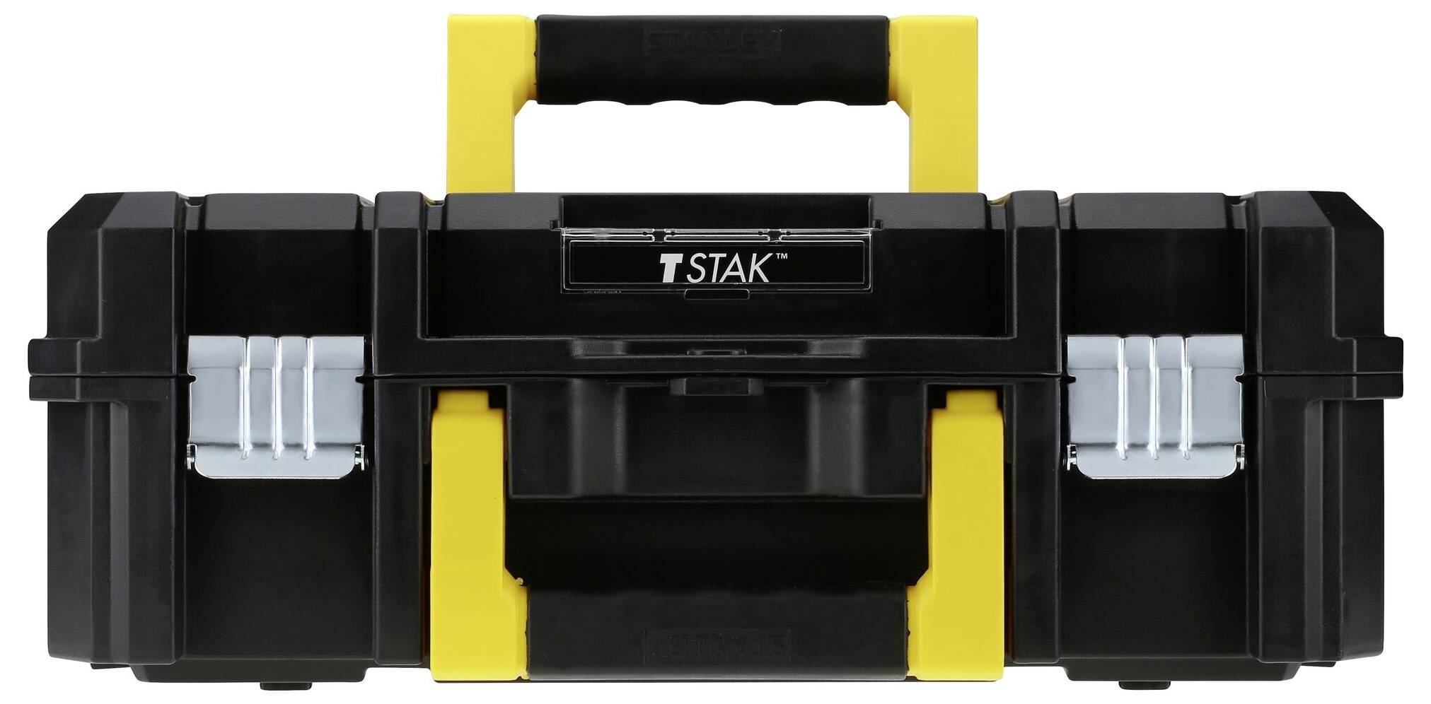 Black tool case with yellow handles and silver locks, rectangular and robustly constructed, with 'T STAK' inscription.