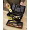 A person opens a toolbox. Inside the box, various tools such as a spirit level, tape measure, and screwdriver can be seen.