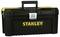 Black toolbox with yellow 'Stanley' logo, robust handle, and metal lock. Ideal for storing tools.