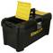 Black toolbox with a yellow lid, 'Stanley' brand. Lid is slightly open, revealing top storage compartment. Carrying handle on top.