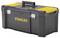 Black tool case with yellow accents and the 'STANLEY' inscription on the front; has a handle on the top.