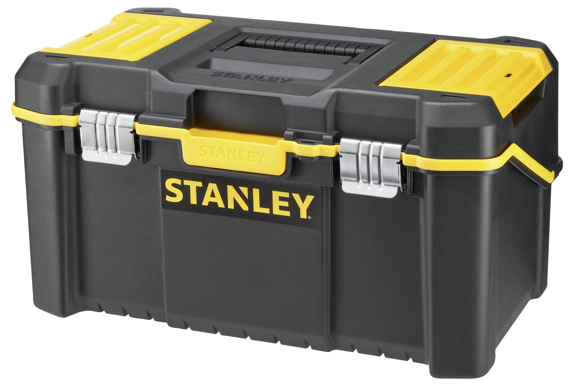 Black toolbox with yellow elements, two metal locks and a handle. 'STANLEY' is written on it.