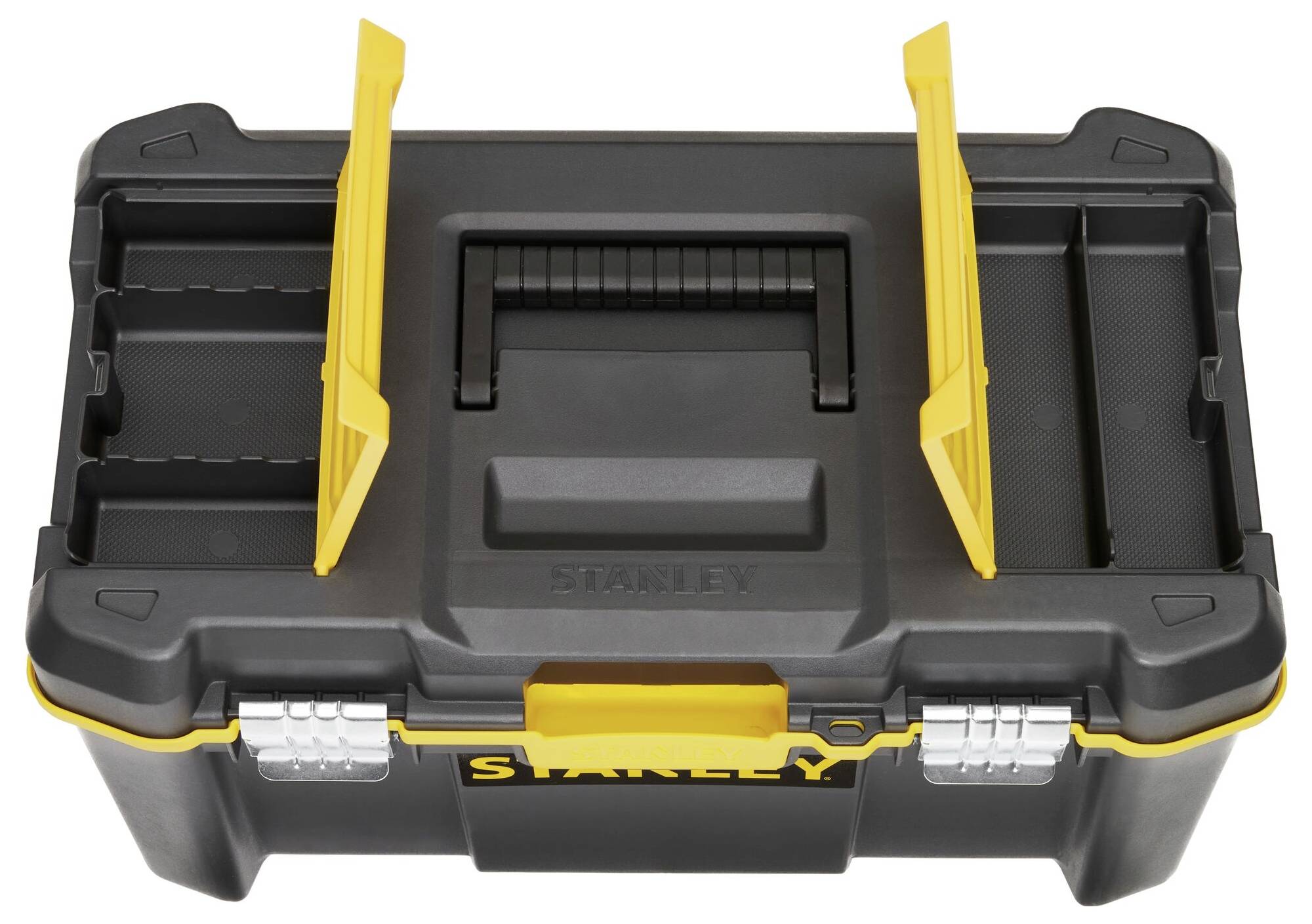 Black toolbox with two yellow handles and locks, opened. Ideal for storing smaller tools and accessories.
