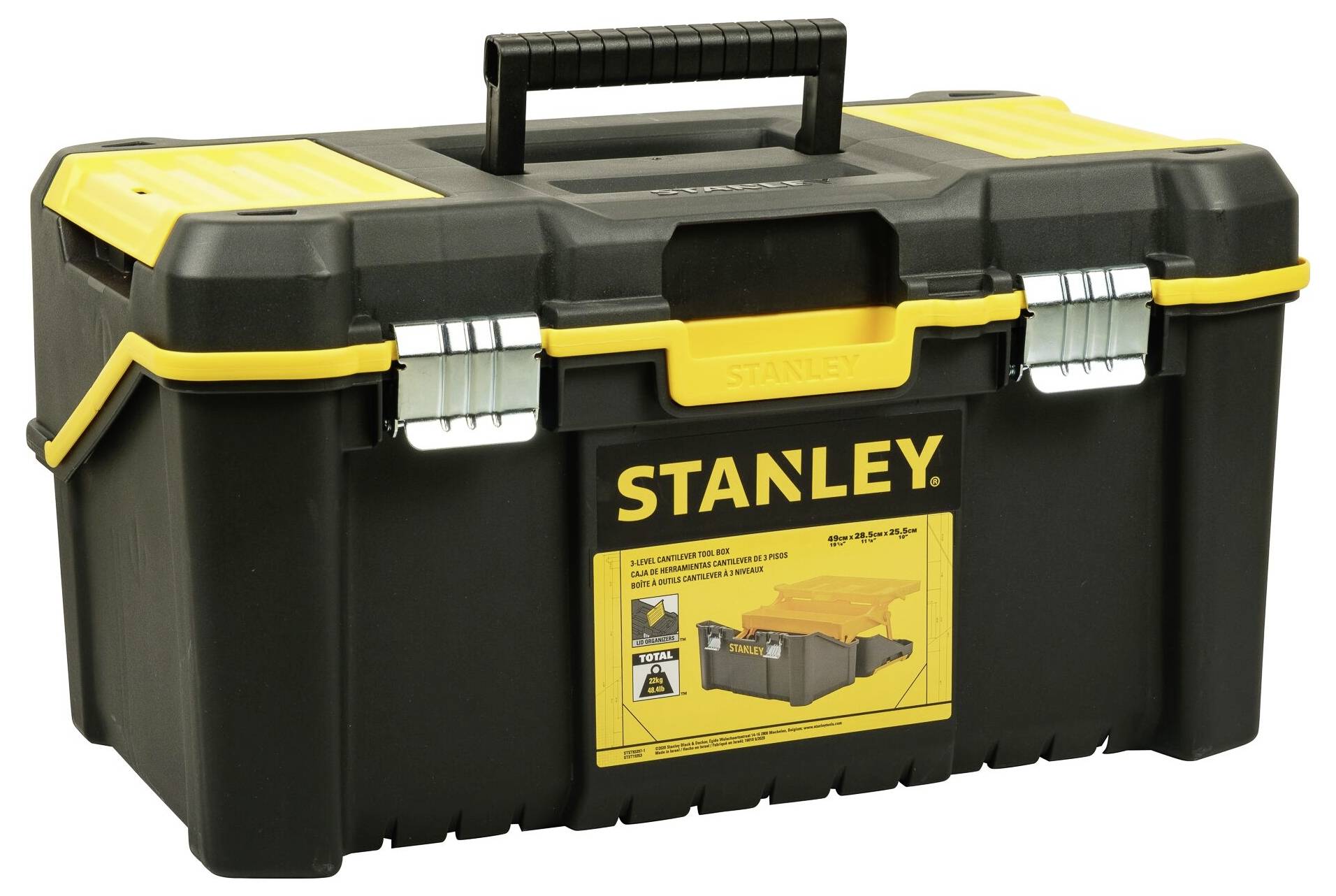 Black toolbox with yellow accents and carrying handle. Sticker on the front displays the 'Stanley' brand and an illustration of the box.