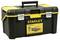 Black toolbox with yellow accents and carrying handle. Sticker on the front displays the 'Stanley' brand and an illustration of the box.