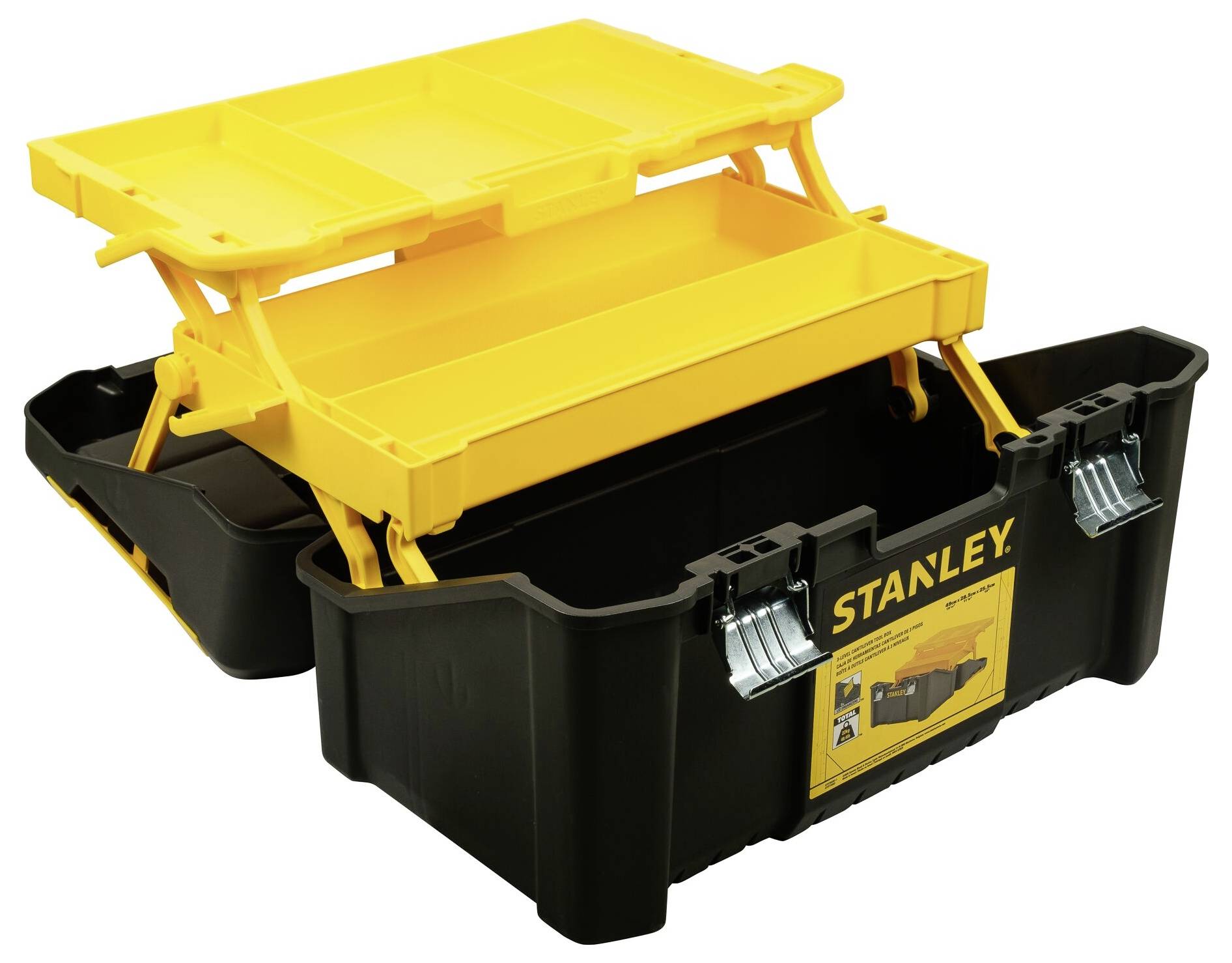 The toolbox is black with a yellow lid and two folding compartments. The brand name is displayed on the front.