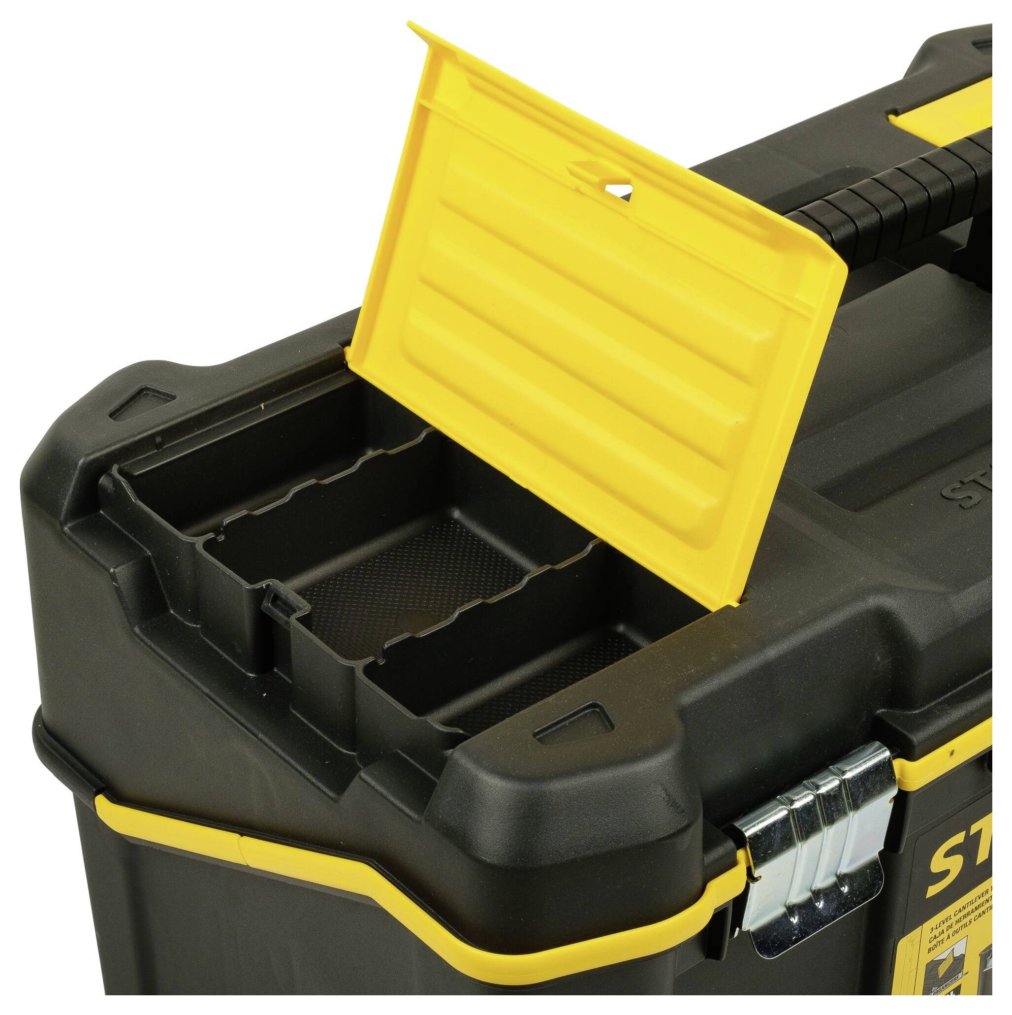 'Black toolbox with open yellow compartment lid, carry handle, and metal clasp. Main compartment accessible for tools.'