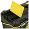 'Black toolbox with open yellow compartment lid, carry handle, and metal clasp. Main compartment accessible for tools.'