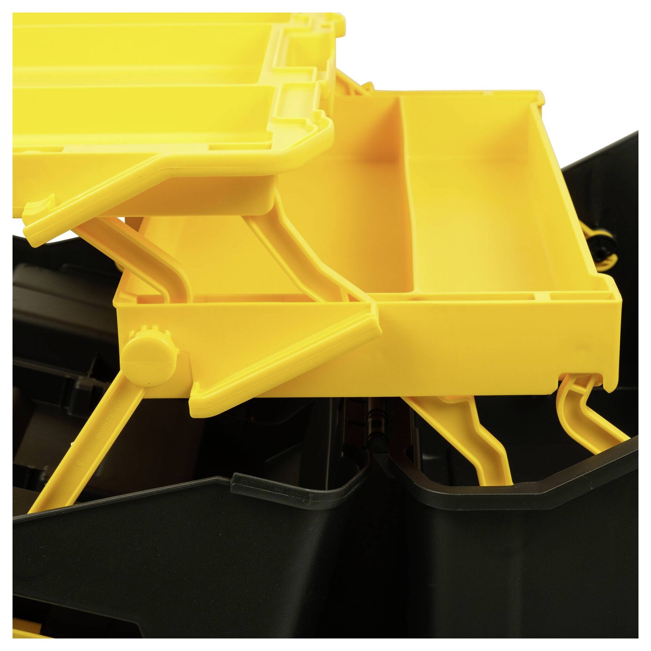 A yellow toolbox with a pull-out drawer.