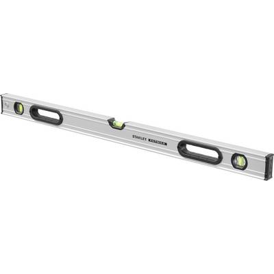 Spirit level with three vials for alignment. Silver body, black handles. Used for checking horizontal levels.