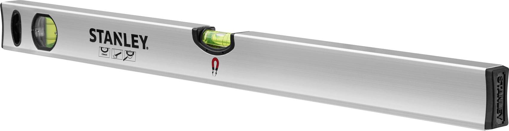 Silver spirit level with yellow vial, Stanley brand, for precise levelling measurements.