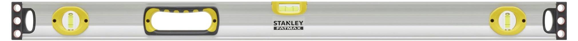 Spirit level with two yellow vials and a central sight window on a light grey metal body.