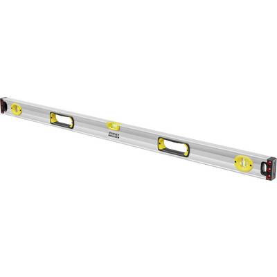 Spirit level with three vials, silver-coloured casing, yellow and black handles, red end caps, for precise alignment.