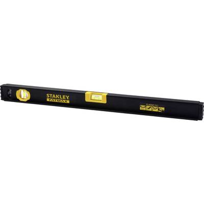 Stanley Fatmax spirit level with a yellow vial box, black reverse side, and symbols for accuracy applications.